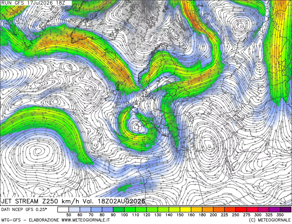 mappa 250 hPa Jet stream