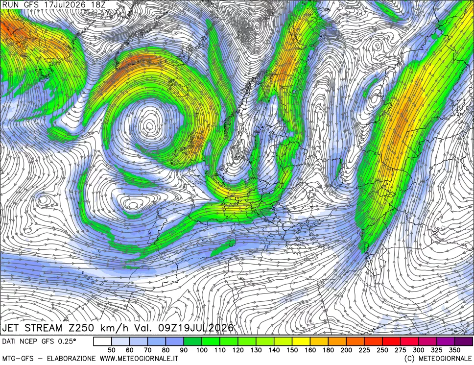mappa 250 hPa Jet stream