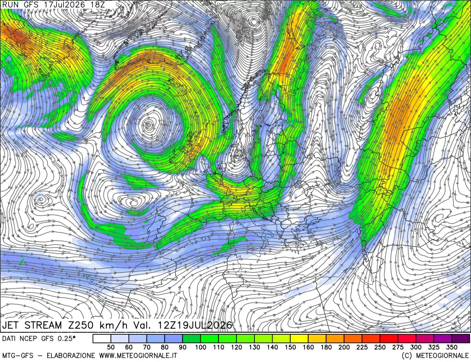 mappa 250 hPa Jet stream
