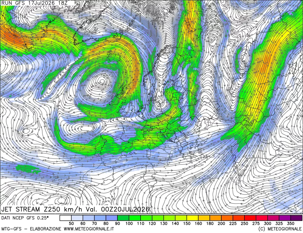 mappa 250 hPa Jet stream