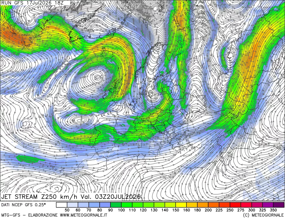 mappa 250 hPa Jet stream