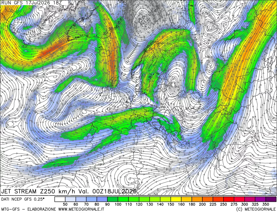 mappa 250 hPa Jet stream
