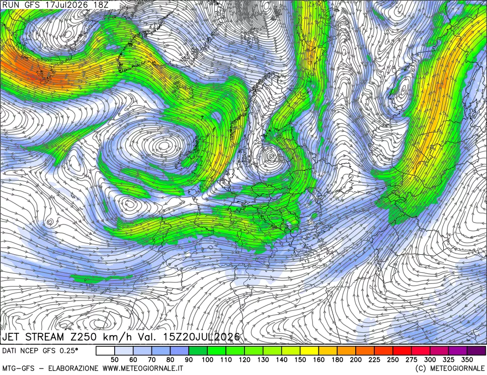 mappa 250 hPa Jet stream