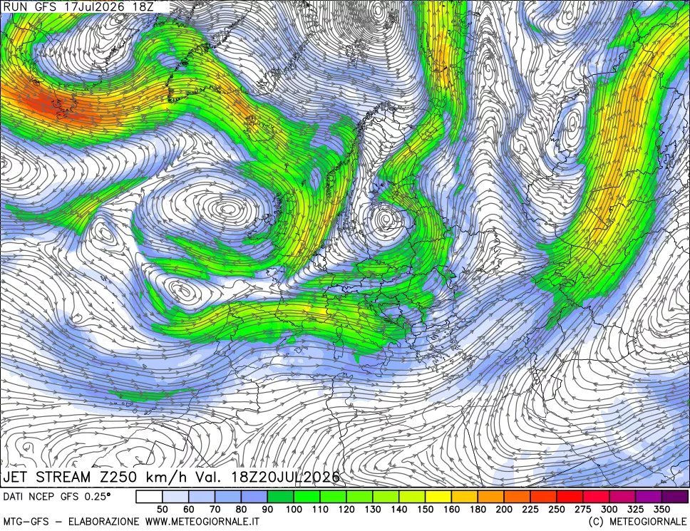 mappa 250 hPa Jet stream