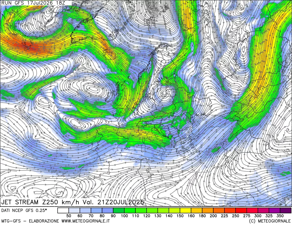 mappa 250 hPa Jet stream
