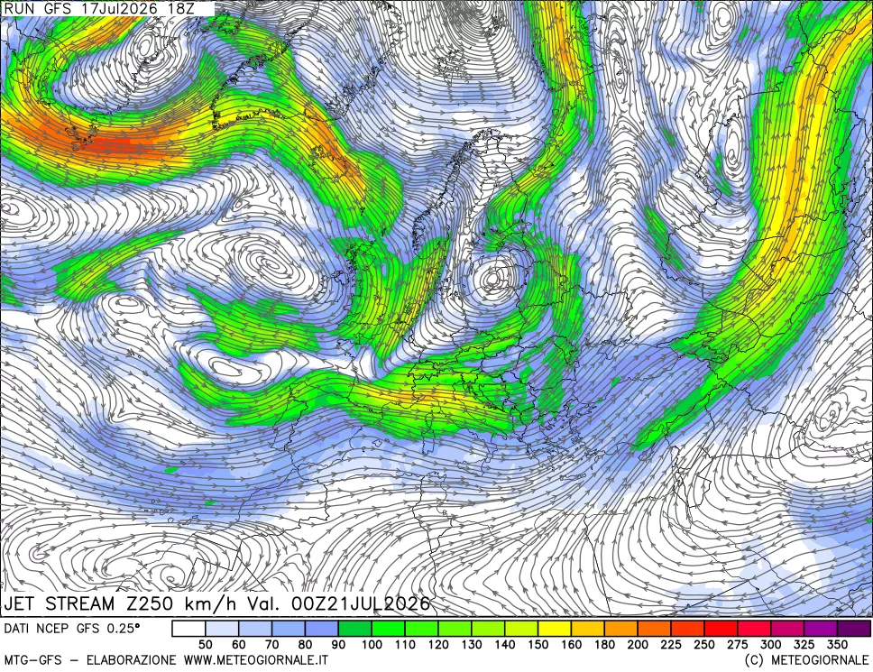 mappa 250 hPa Jet stream