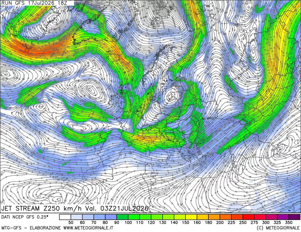mappa 250 hPa Jet stream