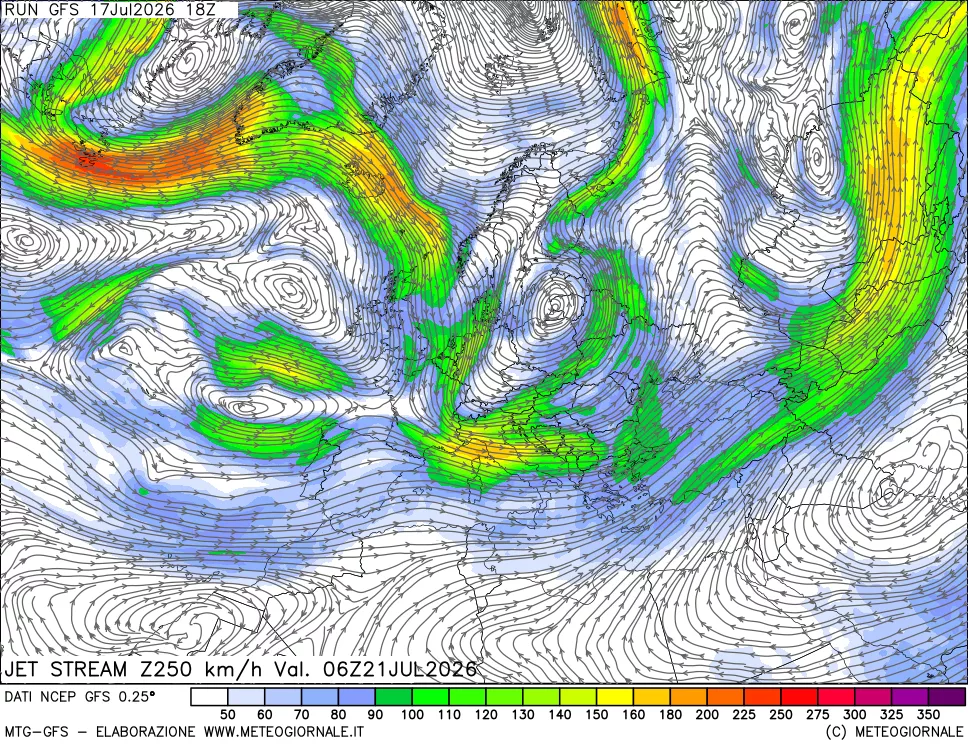 mappa 250 hPa Jet stream