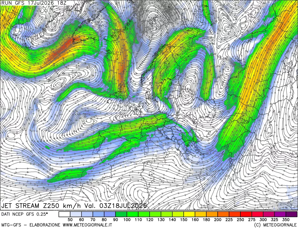 mappa 250 hPa Jet stream