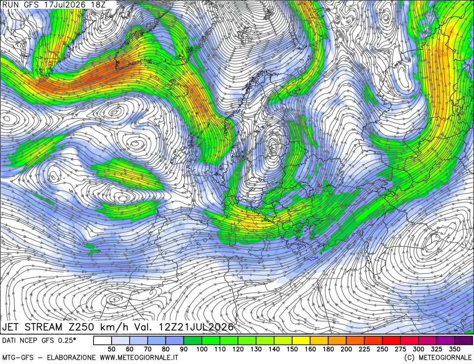 mappa 250 hPa Jet stream