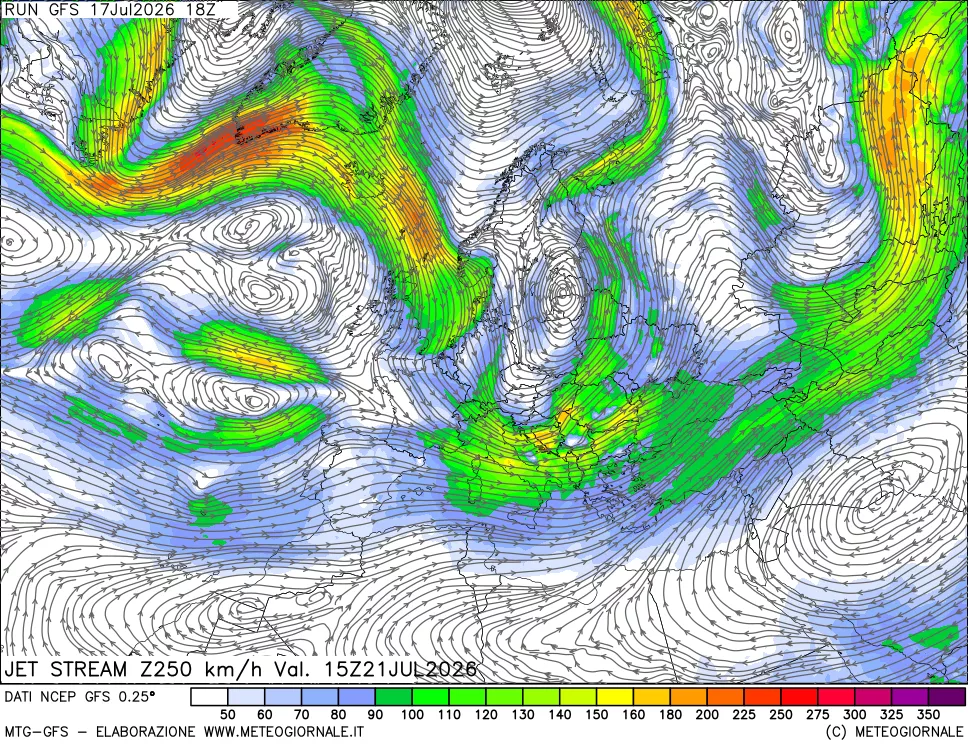 mappa 250 hPa Jet stream