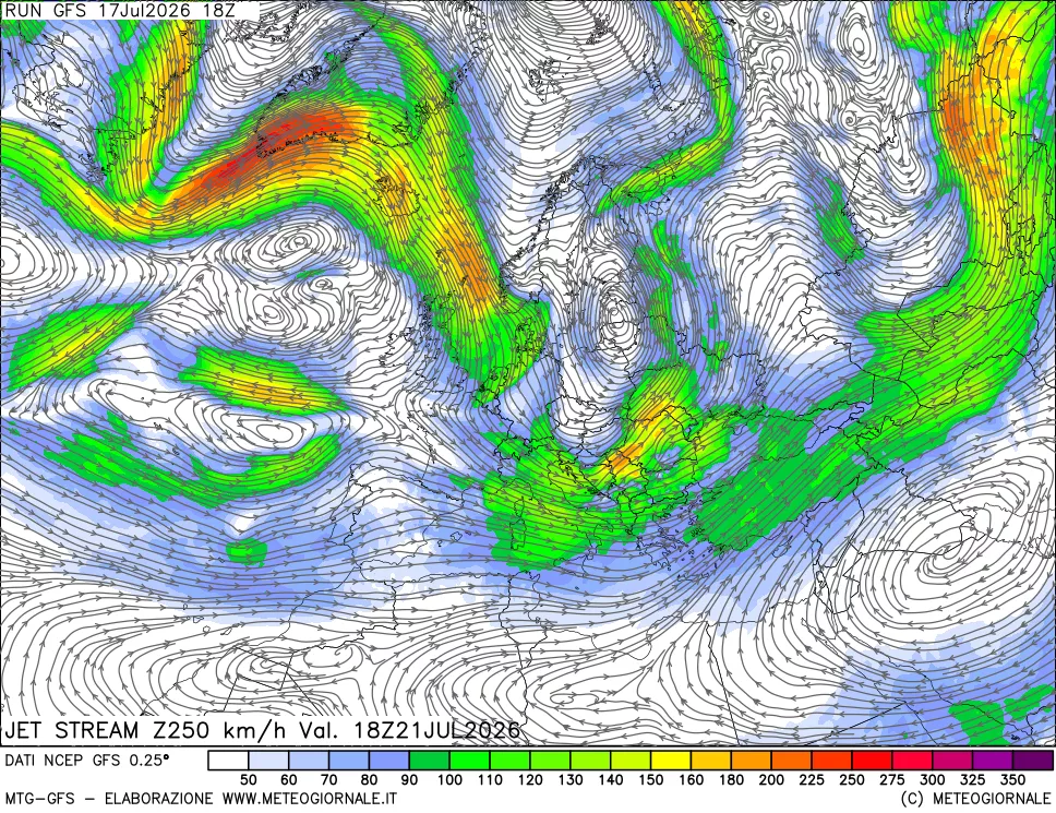 mappa 250 hPa Jet stream