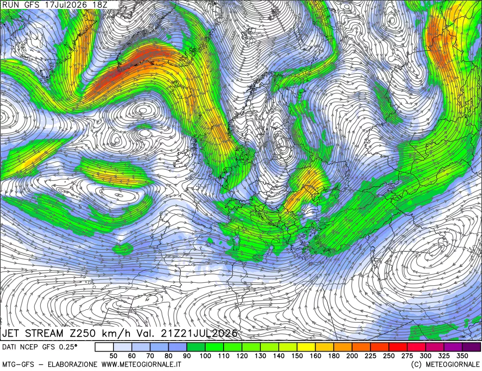 mappa 250 hPa Jet stream