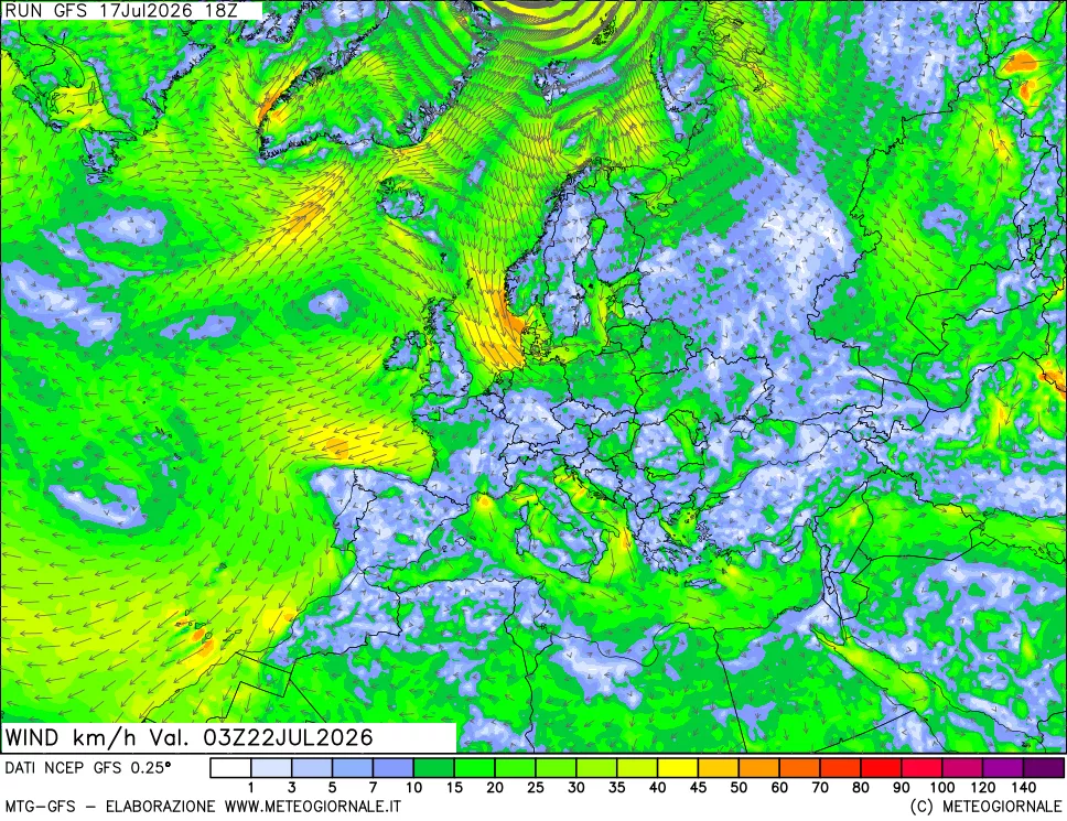 mappa 10 m Vento forza e direzione