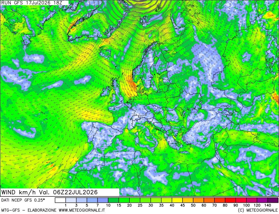 mappa 10 m Vento forza e direzione