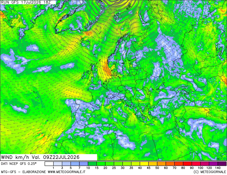 mappa 10 m Vento forza e direzione