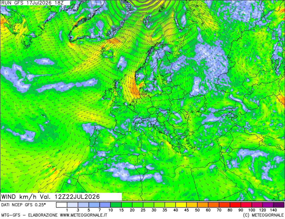 mappa 10 m Vento forza e direzione
