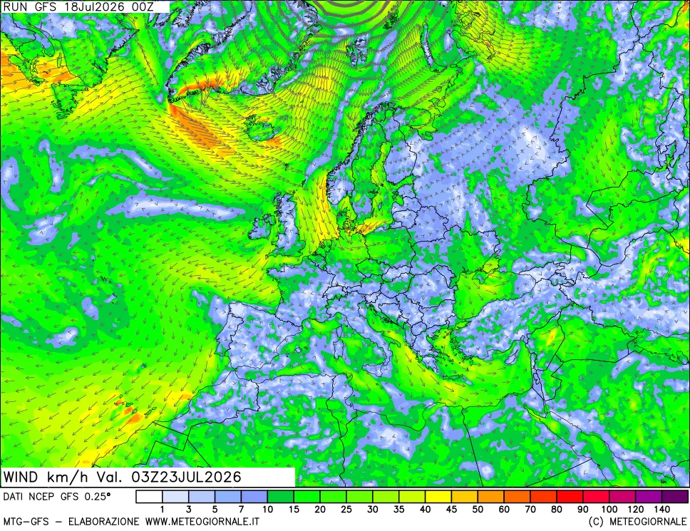 mappa 10 m Vento forza e direzione