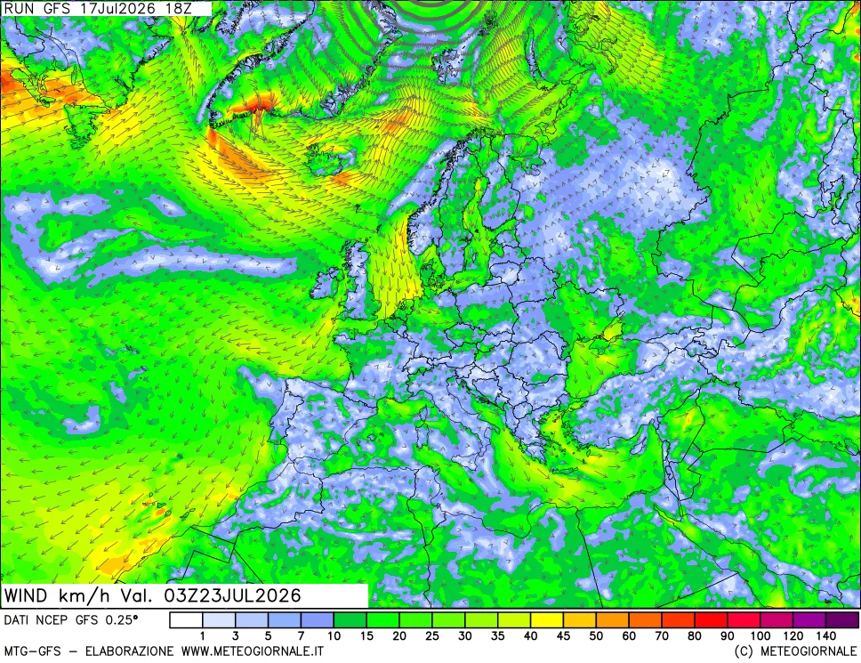 mappa 10 m Vento forza e direzione