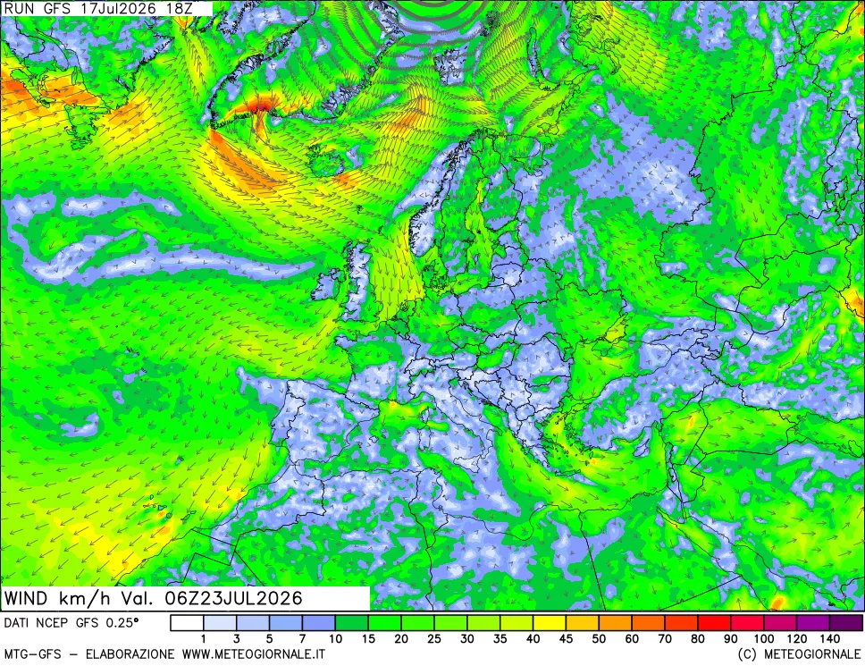 mappa 10 m Vento forza e direzione