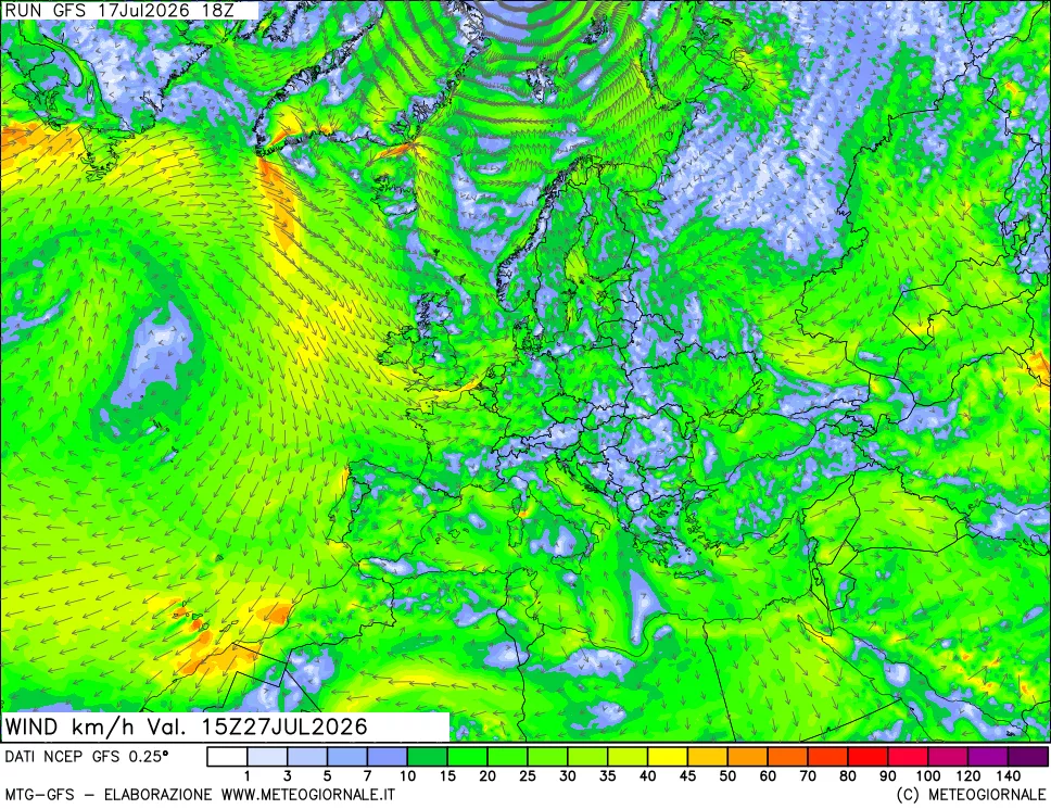 mappa 10 m Vento forza e direzione