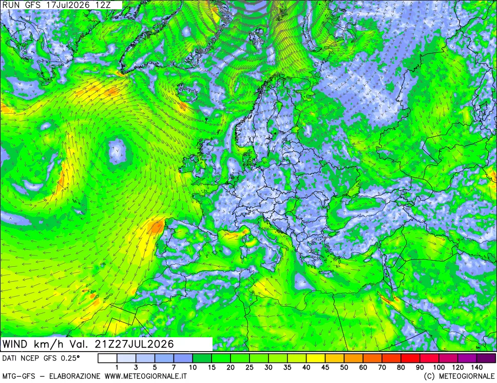 mappa 10 m Vento forza e direzione
