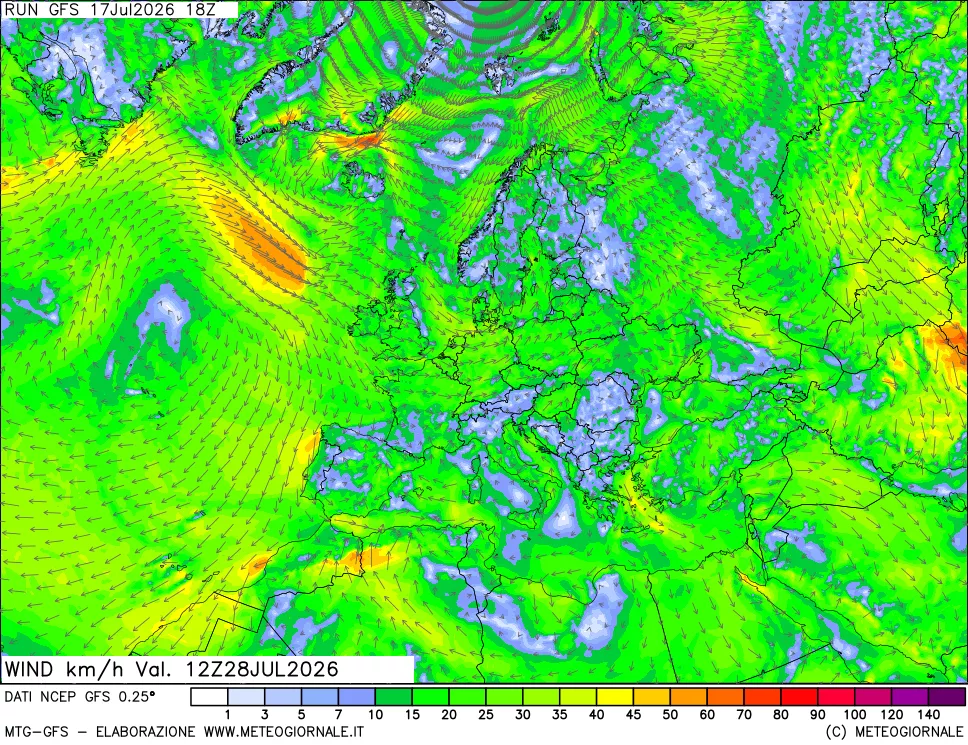 mappa 10 m Vento forza e direzione