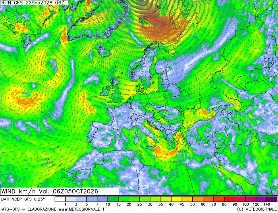 mappa 10 m Vento forza e direzione
