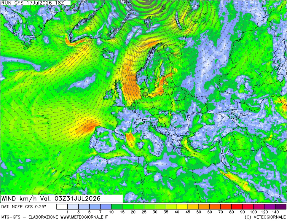 mappa 10 m Vento forza e direzione