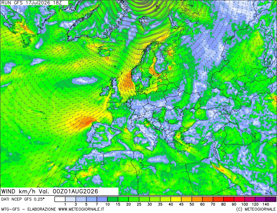 mappa 10 m Vento forza e direzione