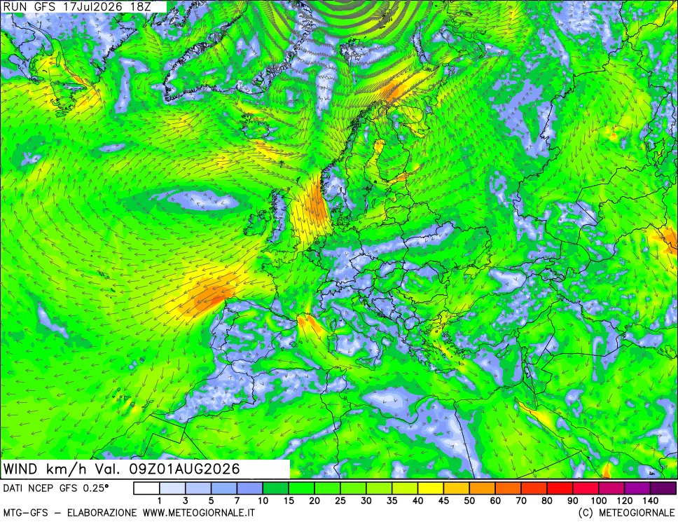 mappa 10 m Vento forza e direzione