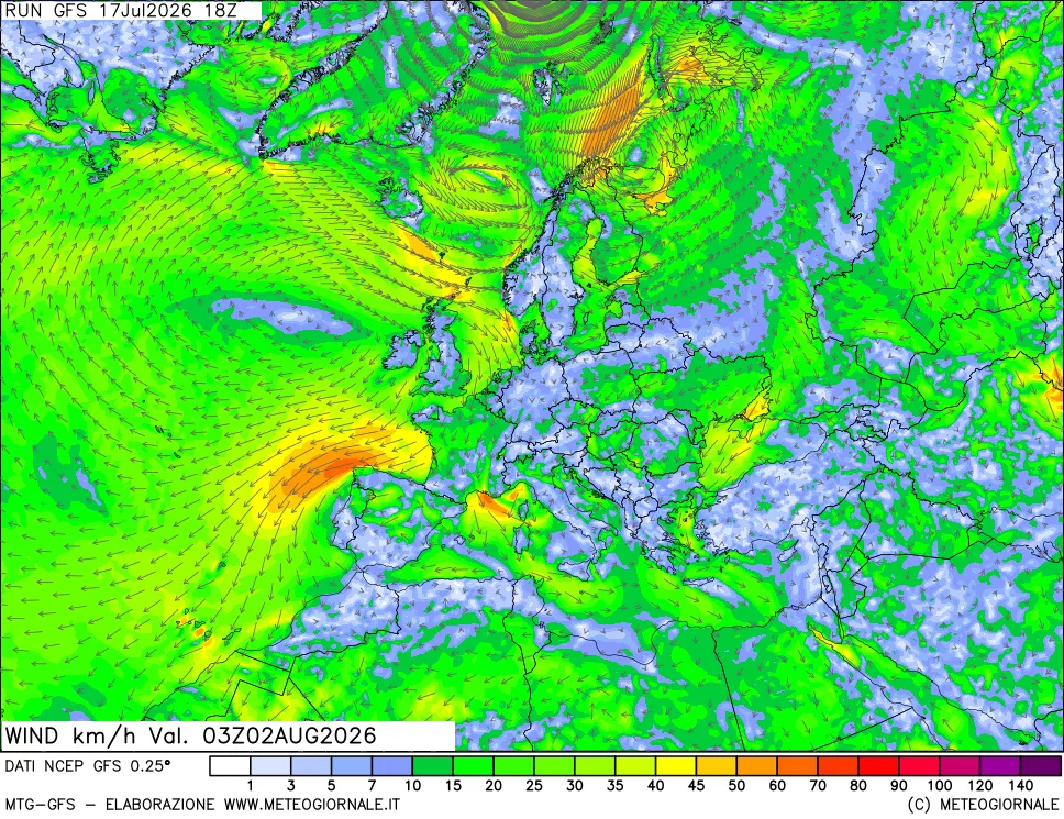 mappa 10 m Vento forza e direzione