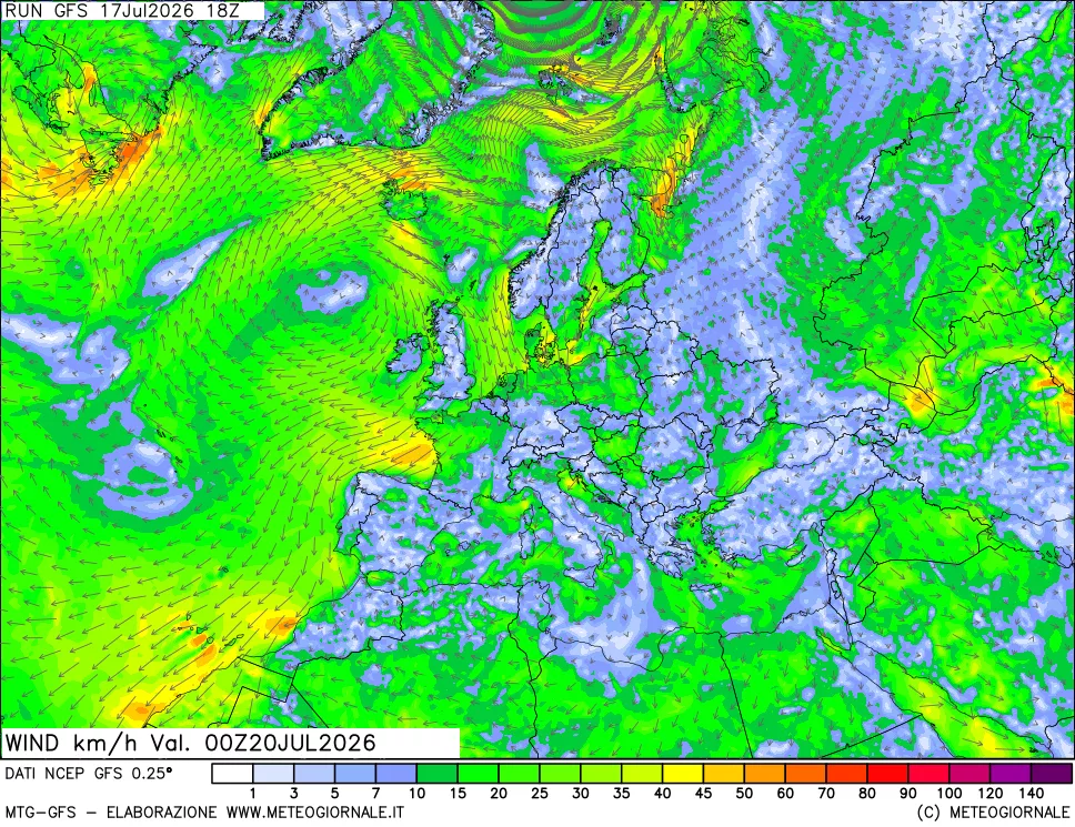 mappa 10 m Vento forza e direzione