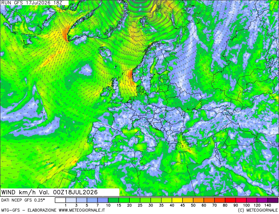 mappa 10 m Vento forza e direzione