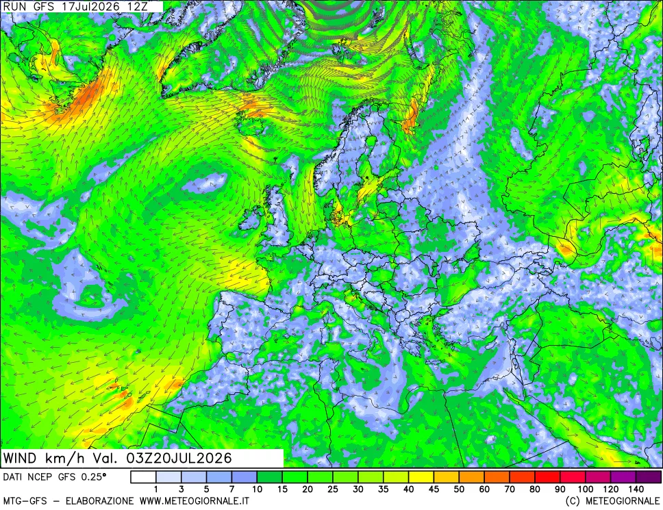 mappa 10 m Vento forza e direzione