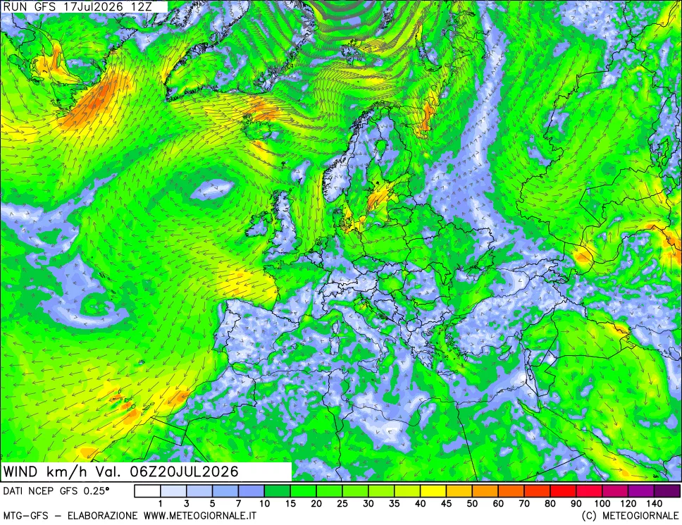 mappa 10 m Vento forza e direzione