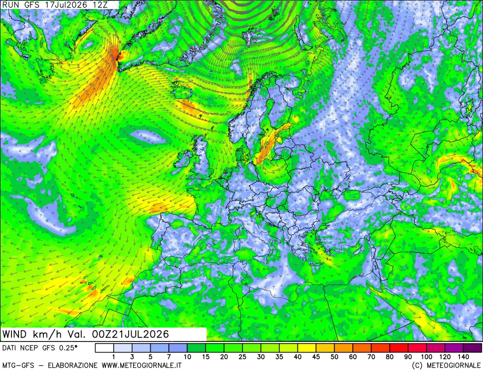 mappa 10 m Vento forza e direzione