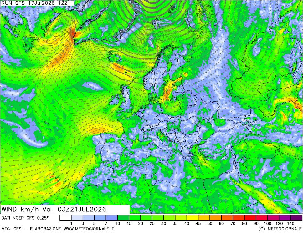 mappa 10 m Vento forza e direzione