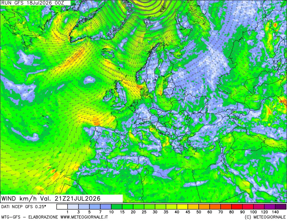 mappa 10 m Vento forza e direzione