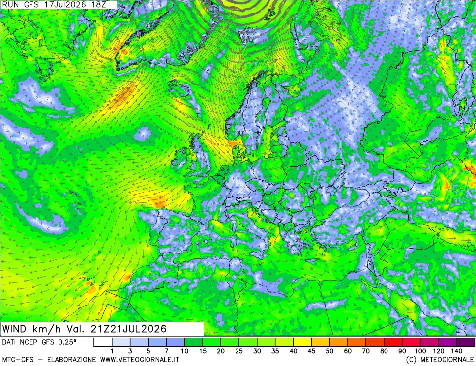 mappa 10 m Vento forza e direzione
