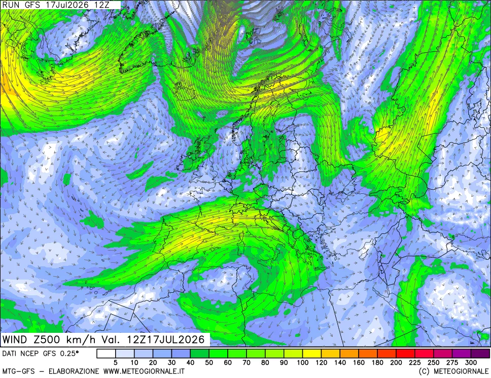 mappa 500 hPa Vento forza e direzione
