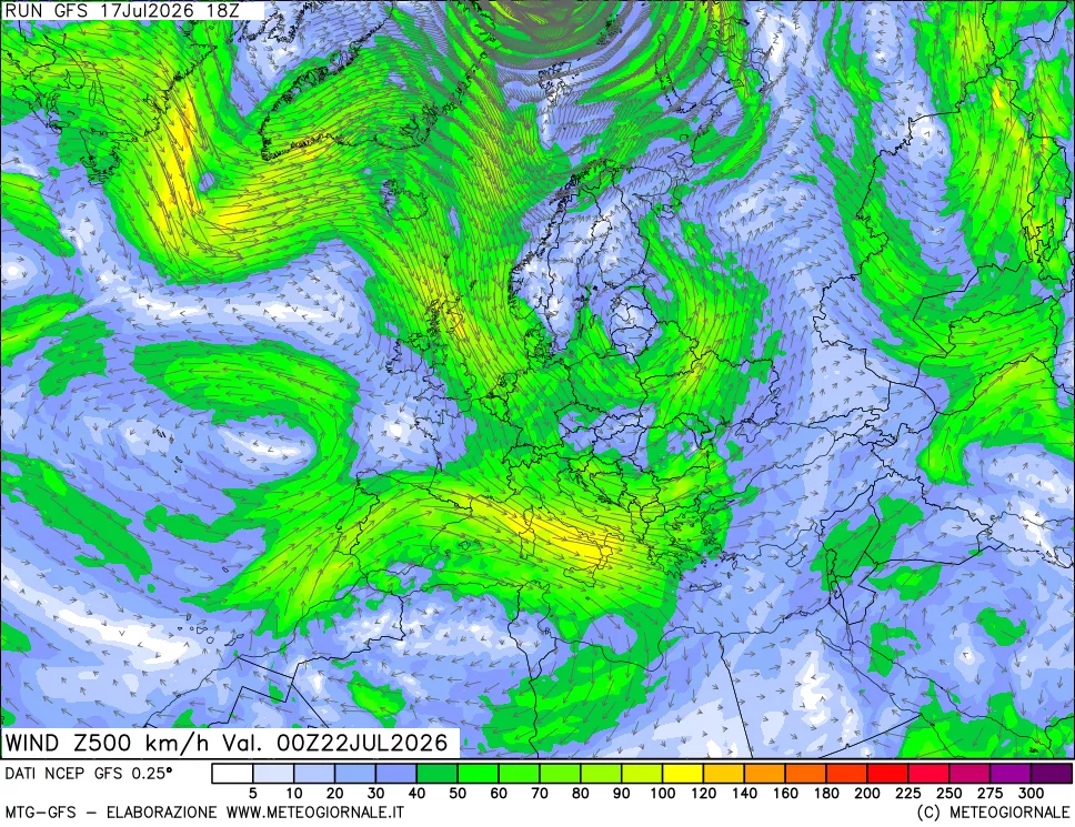 mappa 500 hPa Vento forza e direzione