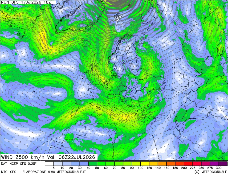 mappa 500 hPa Vento forza e direzione