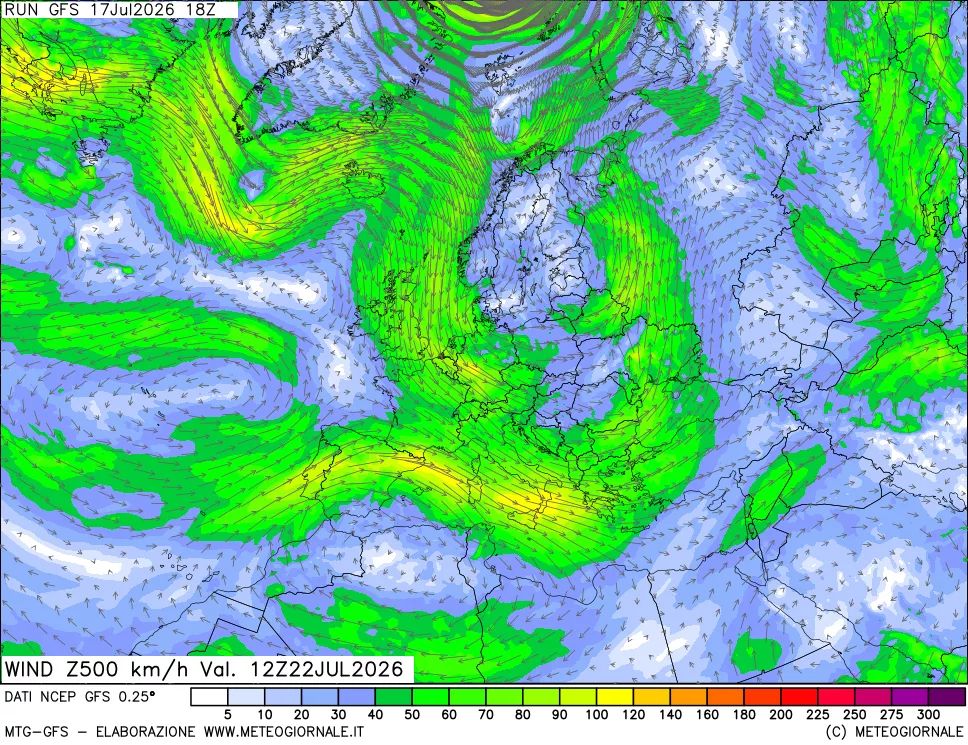 mappa 500 hPa Vento forza e direzione