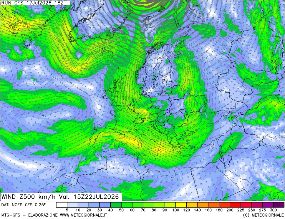 mappa 500 hPa Vento forza e direzione