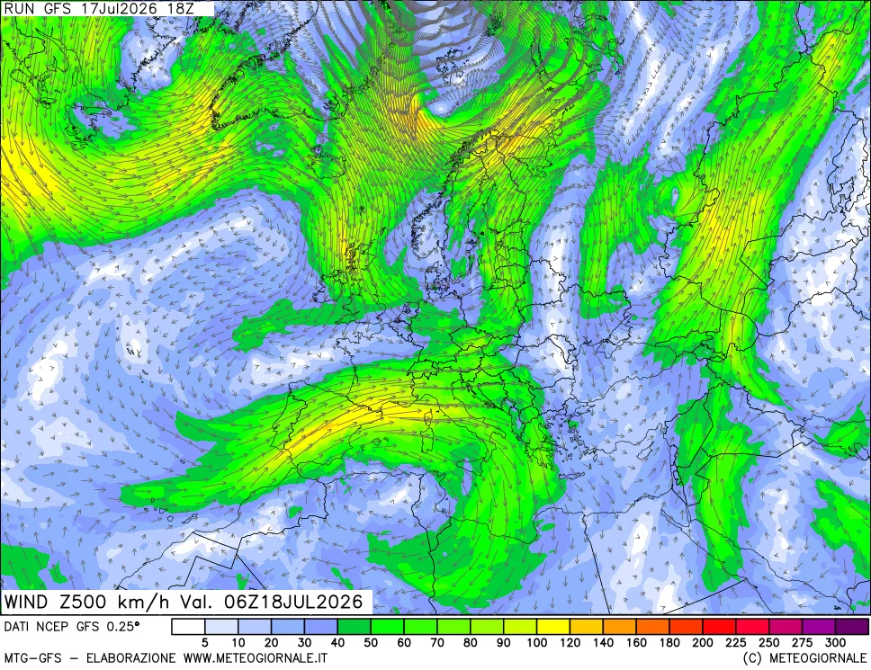 mappa 500 hPa Vento forza e direzione