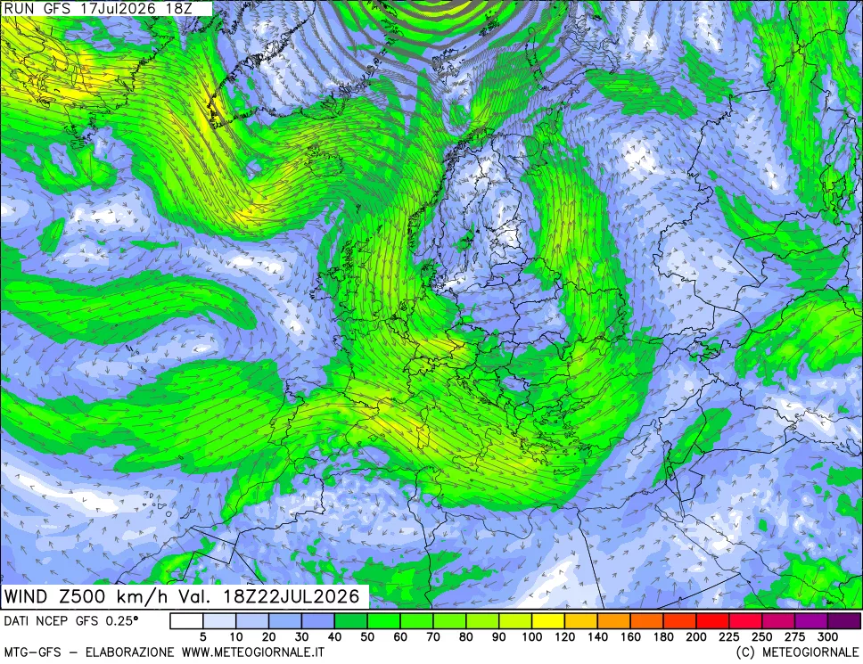 mappa 500 hPa Vento forza e direzione