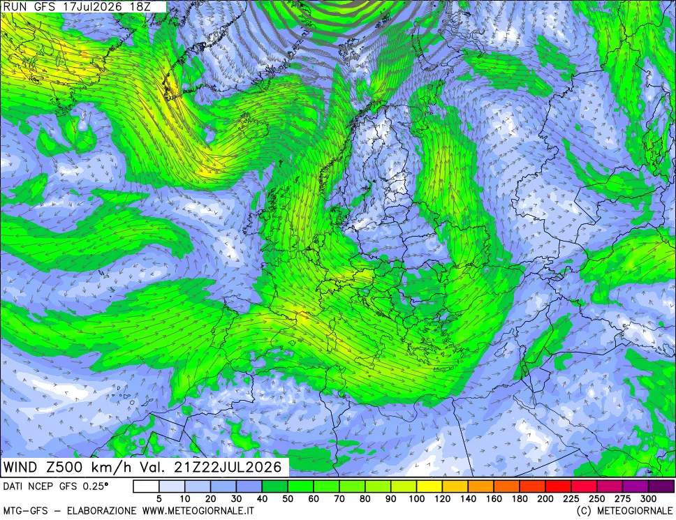 mappa 500 hPa Vento forza e direzione