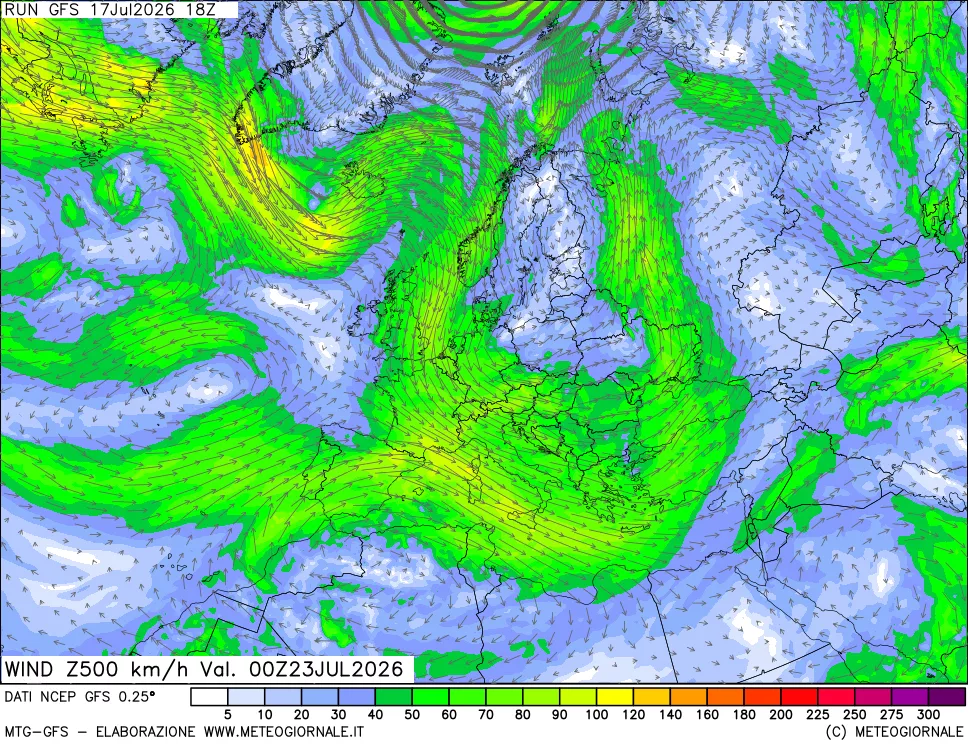 mappa 500 hPa Vento forza e direzione