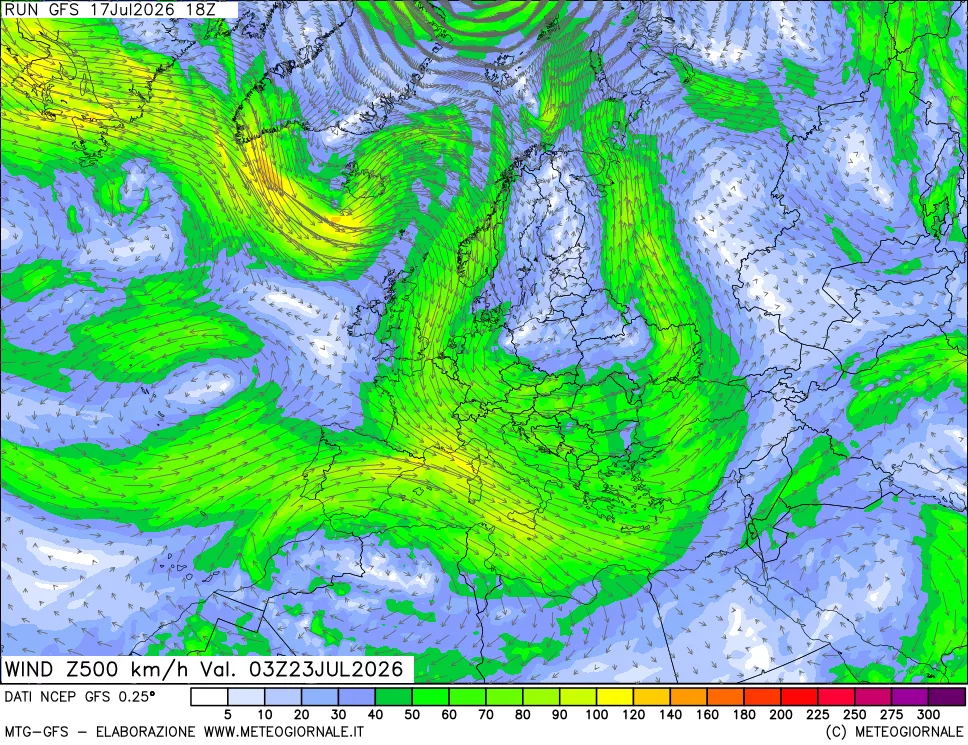 mappa 500 hPa Vento forza e direzione